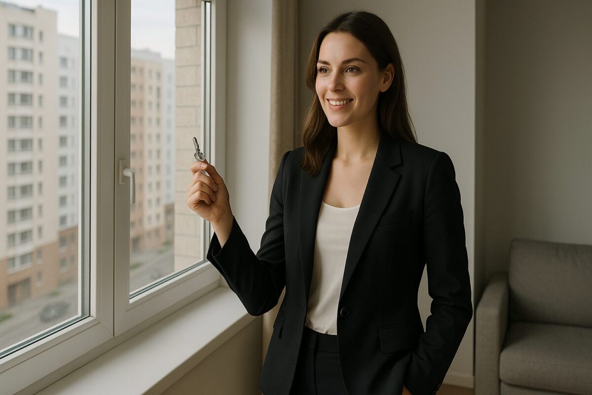 Успешная молодая женщина с ключами от новой квартиры