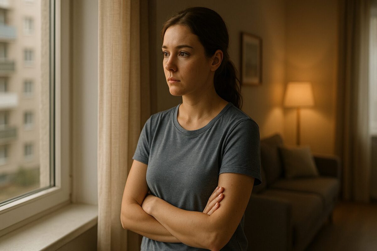 Молодая медсестра в раздумьях у окна квартиры