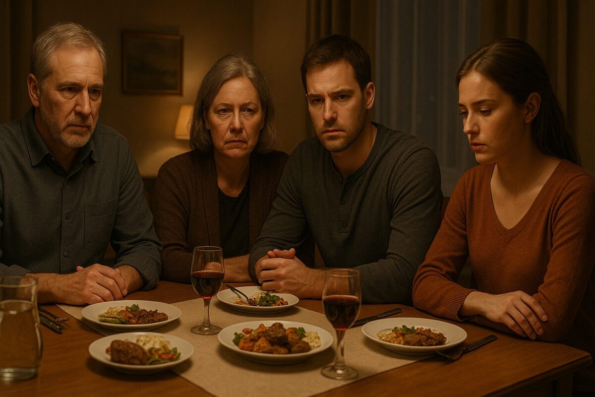 Напряжённая семейная сцена за праздничным столом, момент драматичного признания