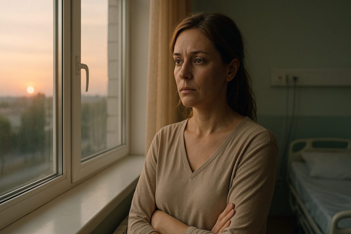 Женщина у окна больницы на рассвете, символ надежды и второго шанса