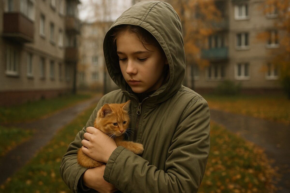 Девочка-подросток спасает рыжего котёнка под дождём во дворе