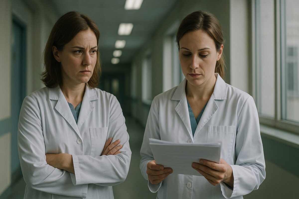 Две женщины врача в больничном коридоре конфликтная ситуация