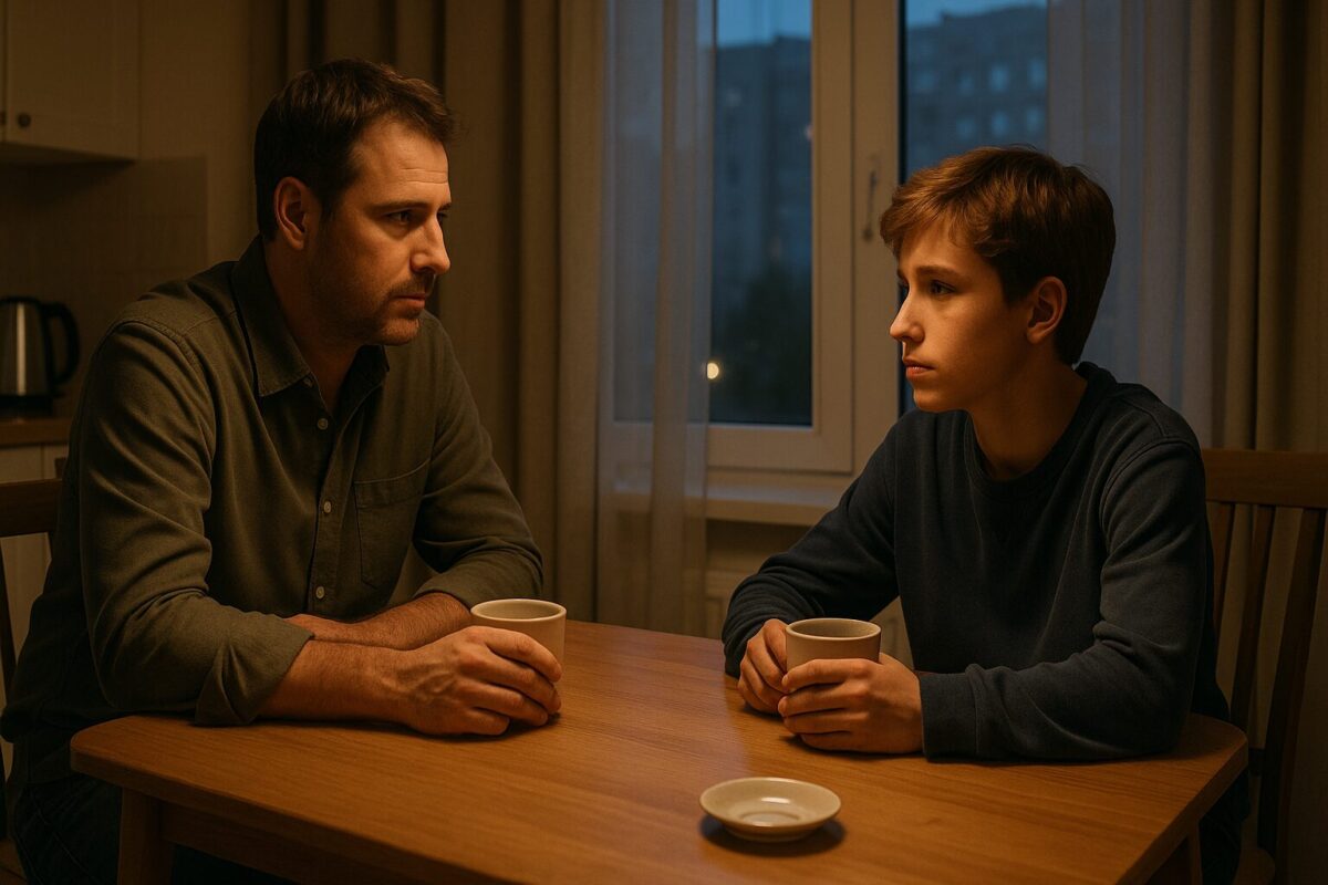 Отец с сыном-подростком за семейным разговором на кухне