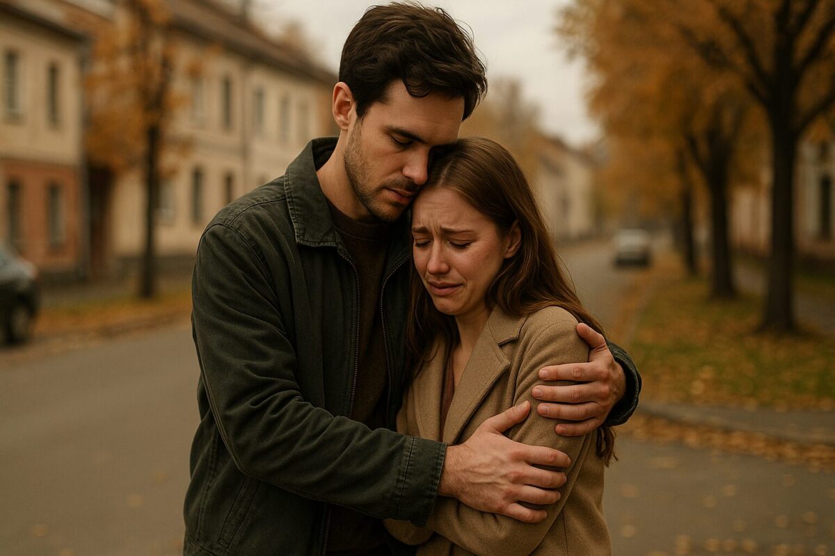 Встреча влюблённых после долгой разлуки на городской улице