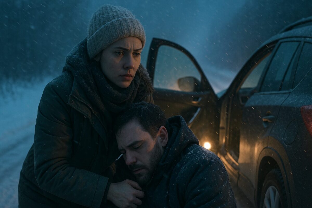 Женщина спасает незнакомца на заснеженной трассе в метель