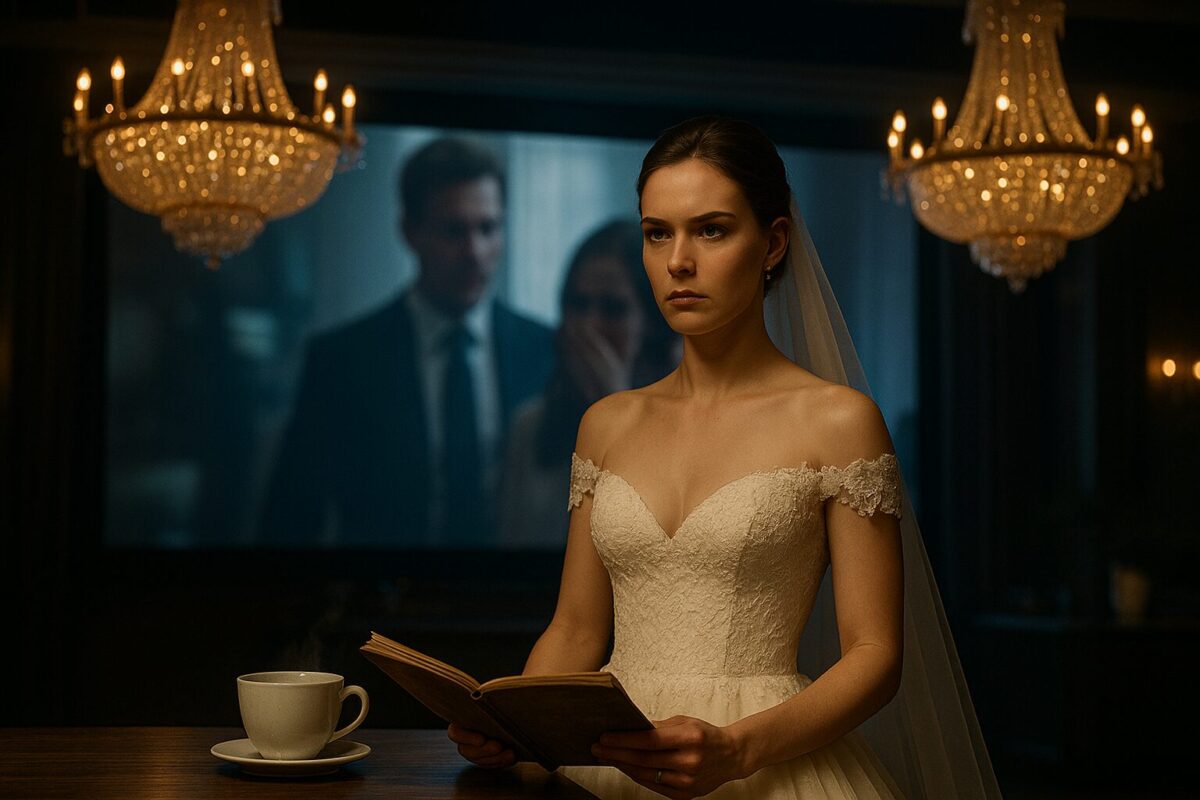 Невеста в белом платье на фоне экрана разоблачения жениха