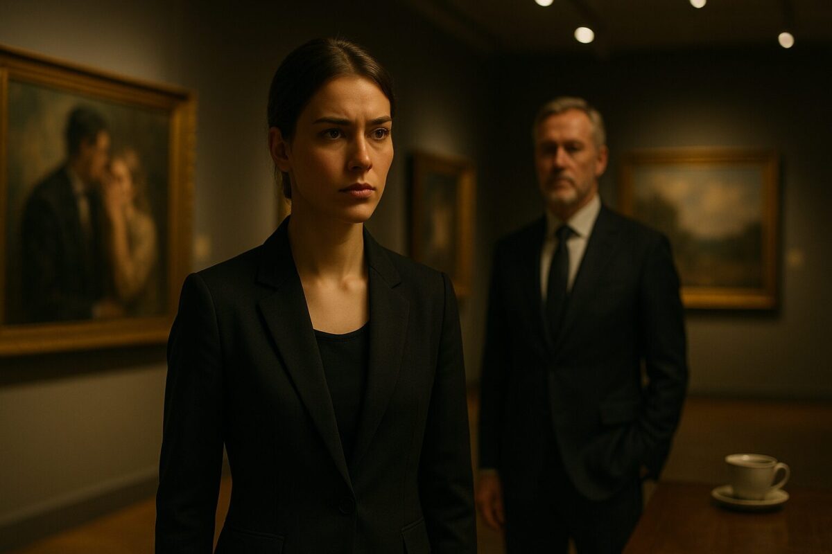 Молодая женщина-телохранитель в галерее на фоне мецената