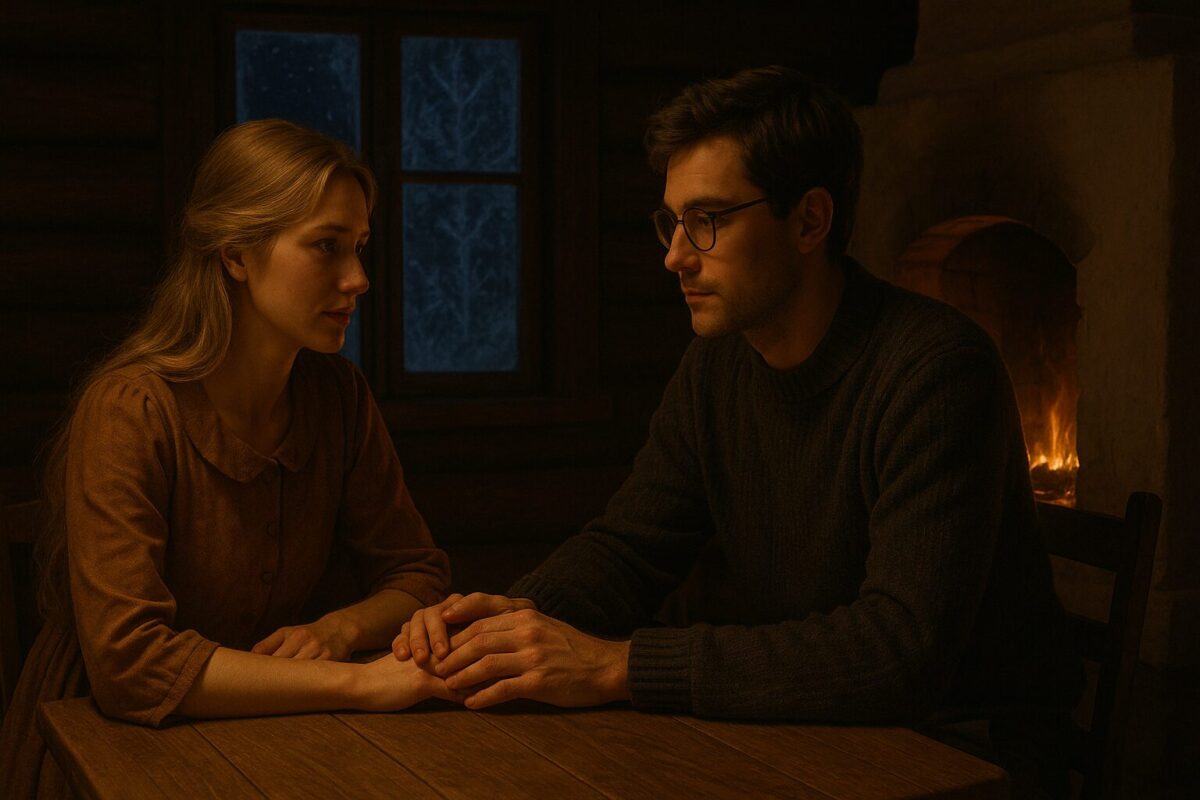 Мужчина и женщина за столом у русской печи зимним вечером