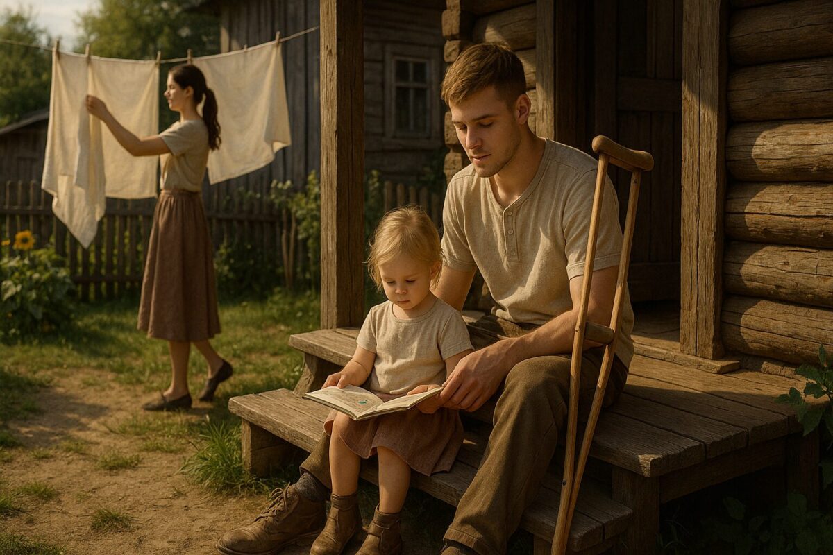 Молодой мужчина с ребёнком на крыльце деревенского дома