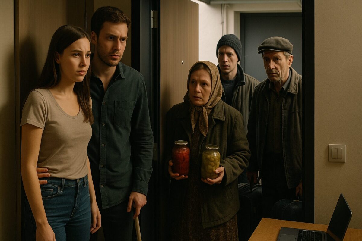 Молодая семейная пара встречает дальних родственников у порога квартиры