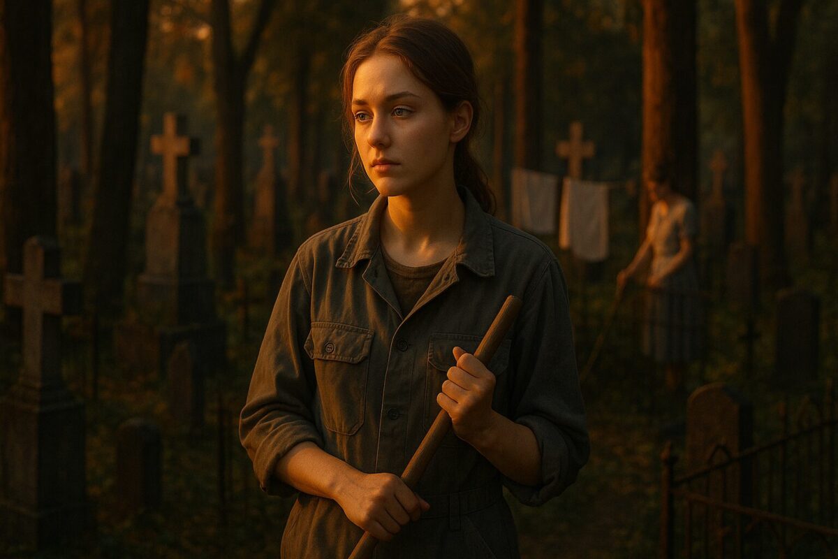 Девушка на кладбище в сумерках среди могил и теней деревьев