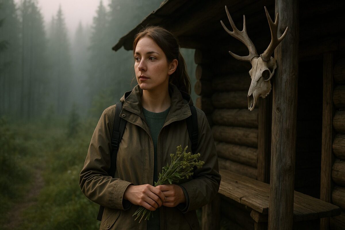 Современная травница с лекарственными травами у таёжной избы