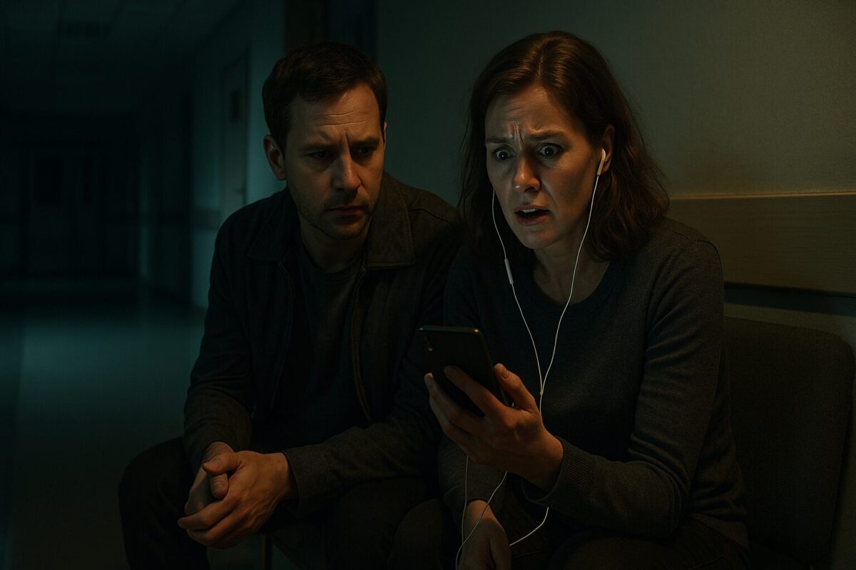 Женщина в больничном коридоре смотрит на телефон с ужасом