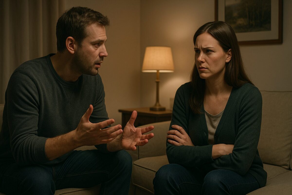 Супруги в напряжённом разговоре дома обсуждают семейные тайны