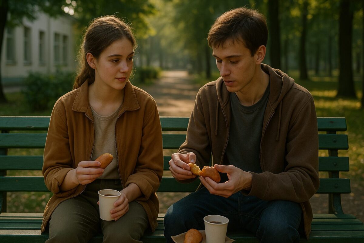 Молодые люди делят обед на больничной скамейке