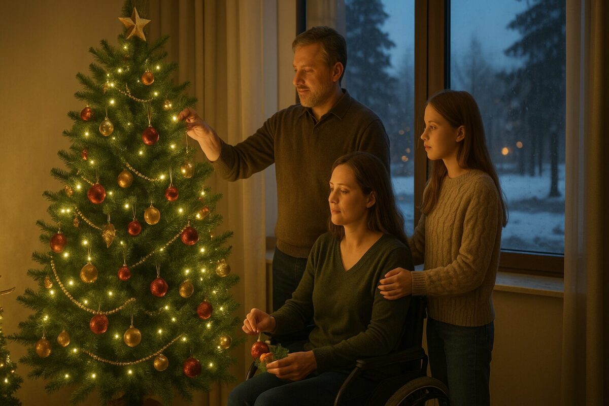 Мужчина помогает женщине и девочке украшать ёлку