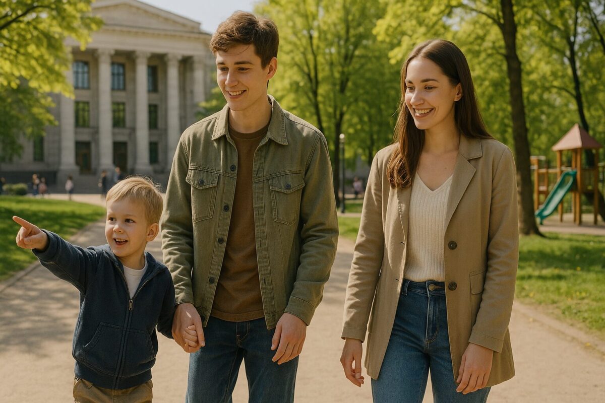 Юноша гуляет с маленьким мальчиком и молодой женщиной в сквере