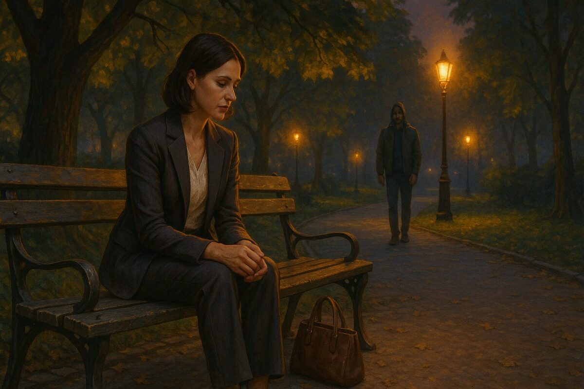 Женщина на скамейке в вечернем парке встречает судьбу