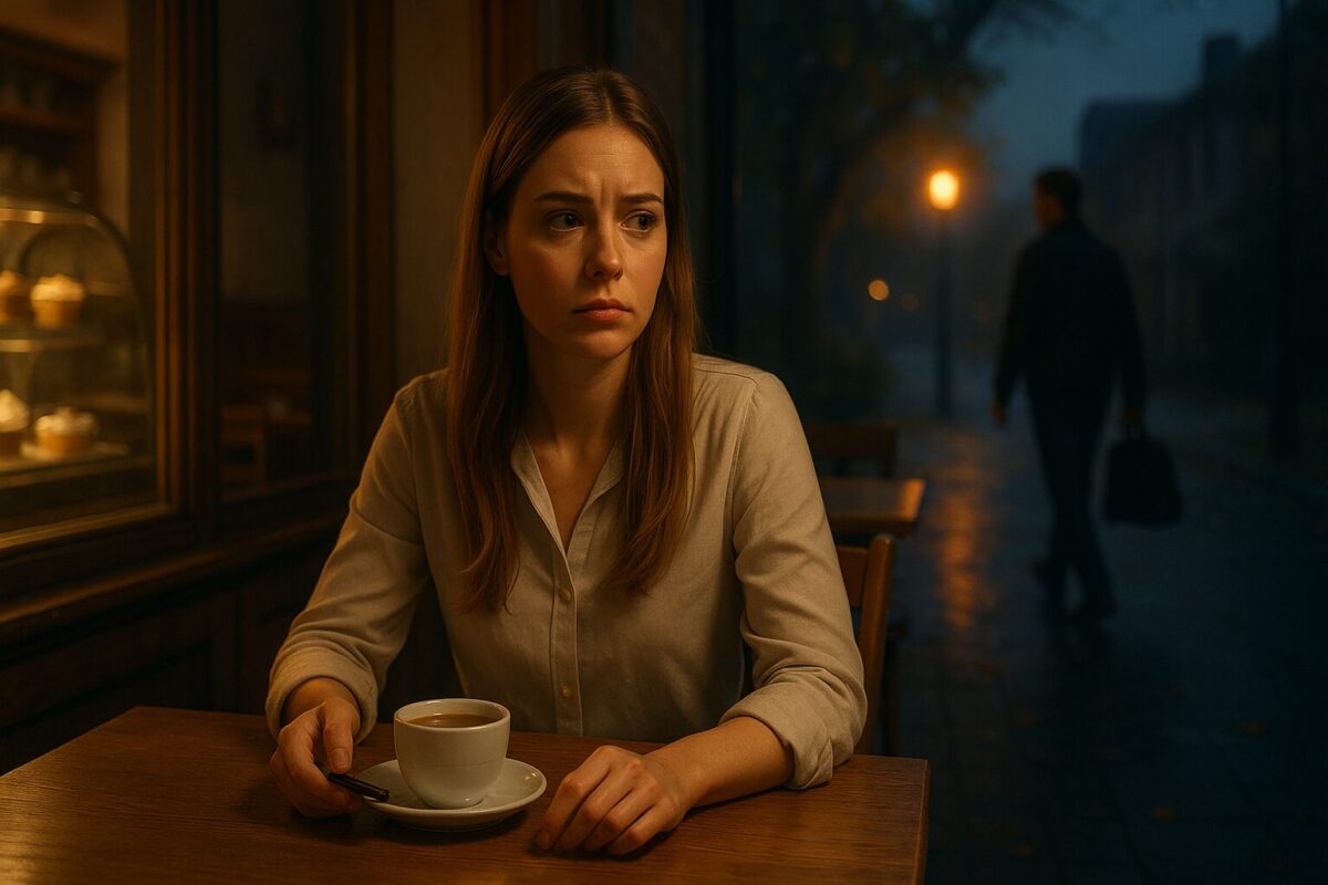 Задумчивая девушка с телефоном в кофейне, романтическое мошенничество и обман в отношениях