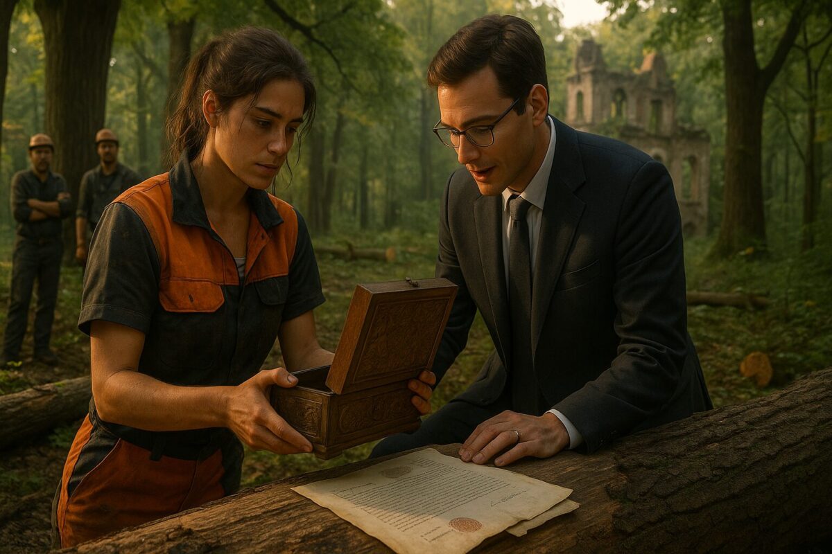 На переднем плане — молодая женщина лет двадцати пяти в оранжево-чёрной рабочей робе лесоруба, с сильными загорелыми руками и растрёпанными тёмными волосами, собранными в хвост. Она стоит возле поваленного дуба, держа в руках старинную деревянную шкатулку с резьбой. Рядом с ней — высокий мужчина лет тридцати в строгом костюме и очках, который с восхищением склонился над шкатулкой. За ними видны силуэты других лесорубов — крепких мужчин в рабочей одежде, наблюдающих за происходящим. На заднем плане — заросшие диким лесом развалины старинной усадьбы, вековые дубы и клёны. Пожелтевшие документы с царскими печатями лежат на открытой шкатулке. Утреннее солнце пробивается сквозь кроны деревьев, создавая атмосферу таинственности и открытия. Общее настроение сцены — удивление, предвкушение перемен, связь времён.