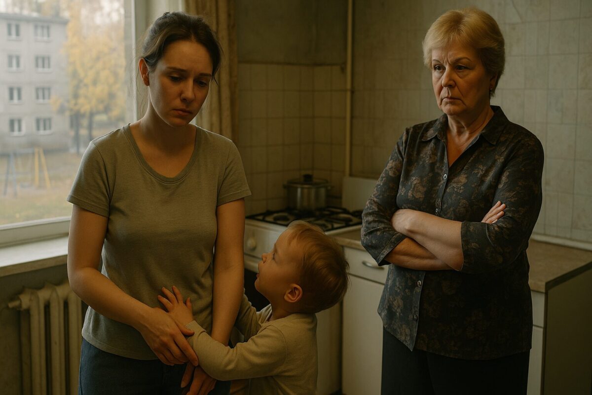 Семейный конфликт: молодая мама и свекровь спорят на кухне, между ними стоит маленький ребенок