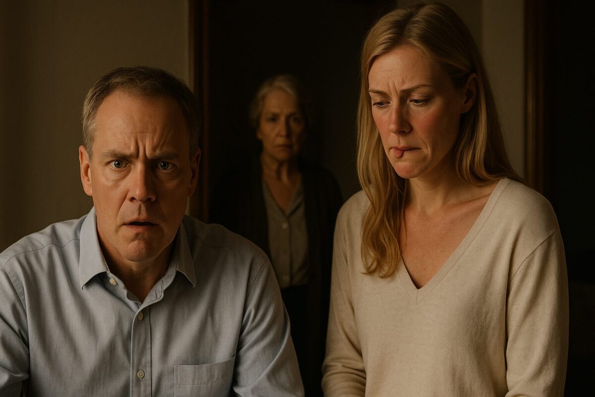 текст: мужчина за компьютером показывает жене доказательства измены, пожилая мать наблюдает за ними из-за двери