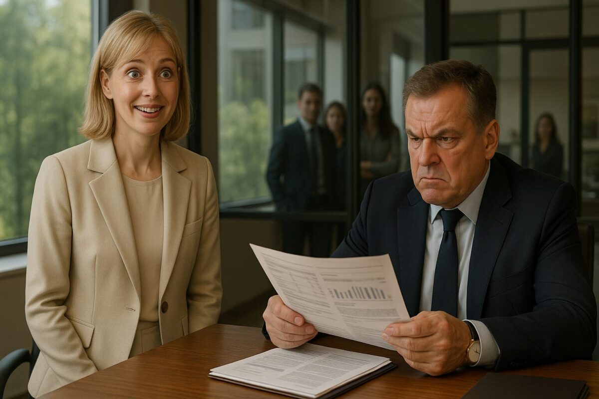 улыбающаяся блондинка-администратор и раздражённый директор с документами