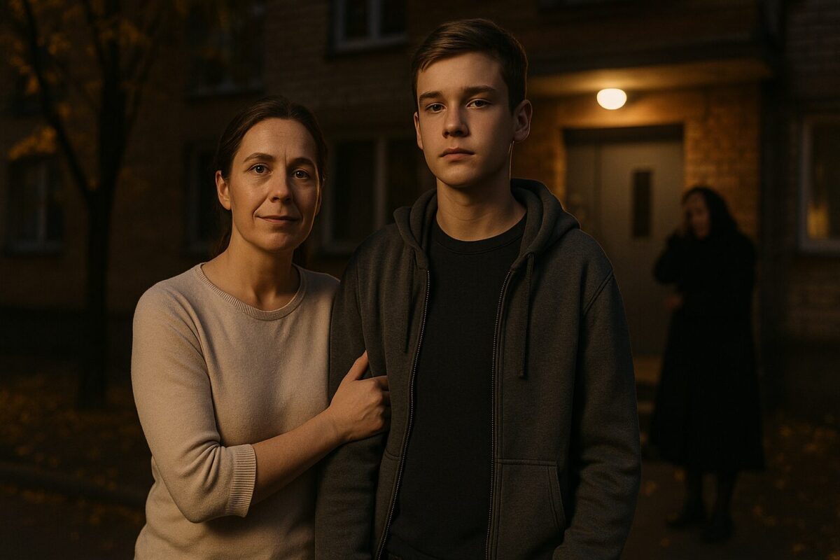 Мать с сыном-подростком отворачиваются от пожилой женщины у подъезда в сумерках