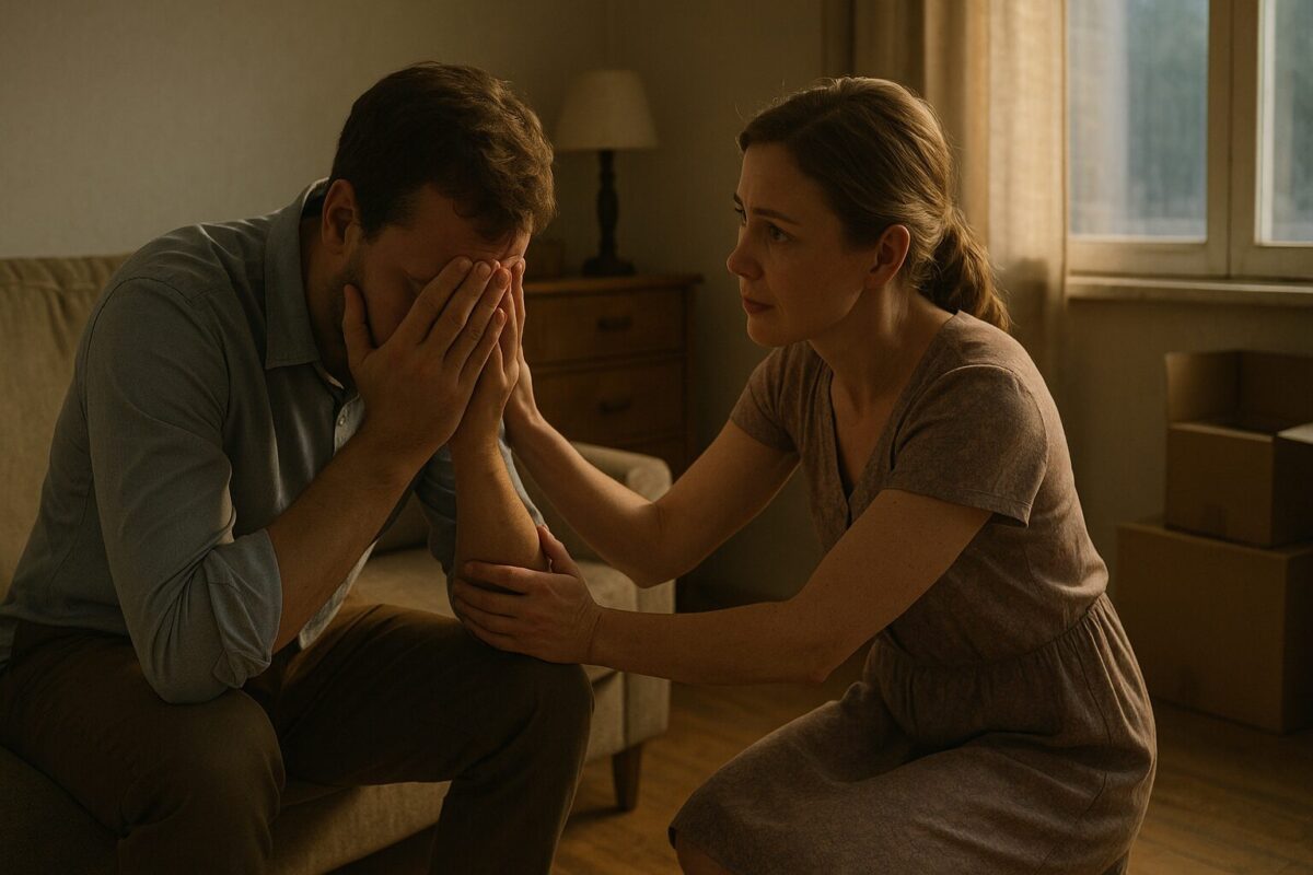 Жена утешает мужа в скромной гостиной после того, как родственники предали его из-за финансовых проблем