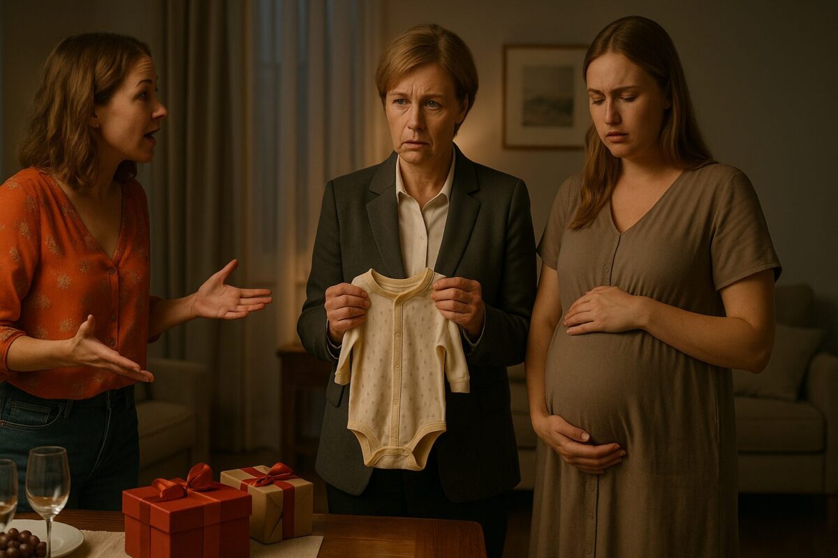 Семейный конфликт: мать с детскими вещами и две дочери в гостиной обсуждают подарки на день рождения