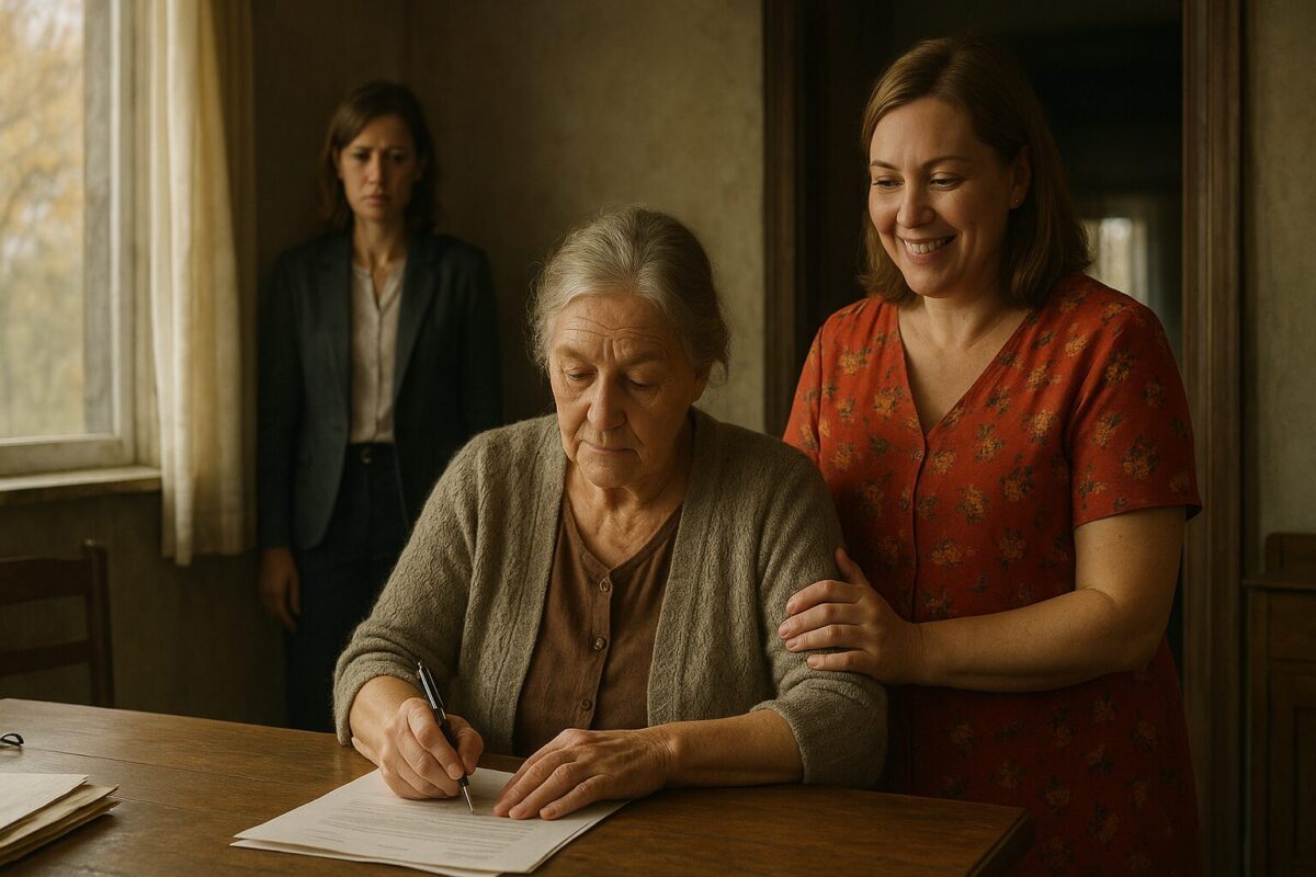 Пожилая мать подписывает завещание в пользу старшей дочери, младшая наблюдает за происходящим из-за двери
