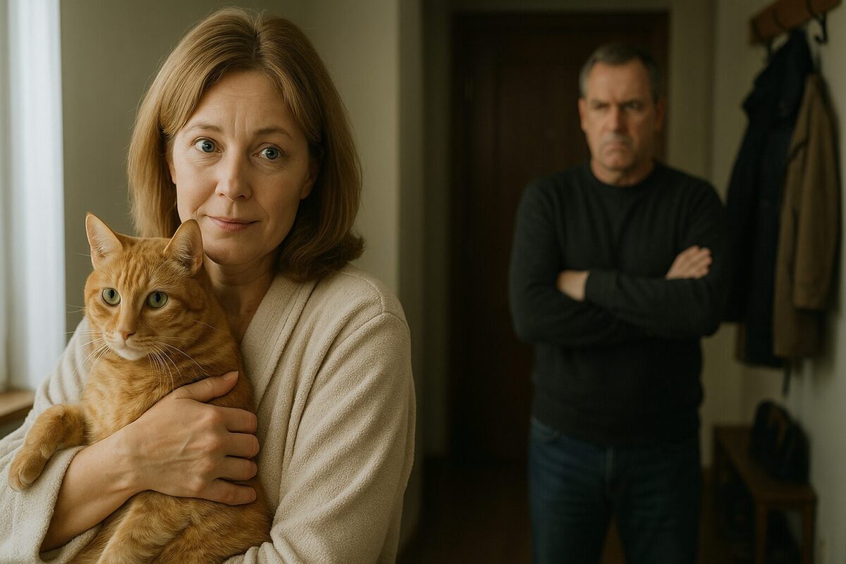 Женщина держит на руках рыжего кота, мужчина с недовольным видом стоит в стороне в прихожей квартиры