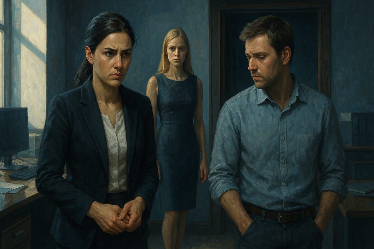 Три человека в офисе: напряжённая встреча после предательства подруги, драматическая сцена конфликта