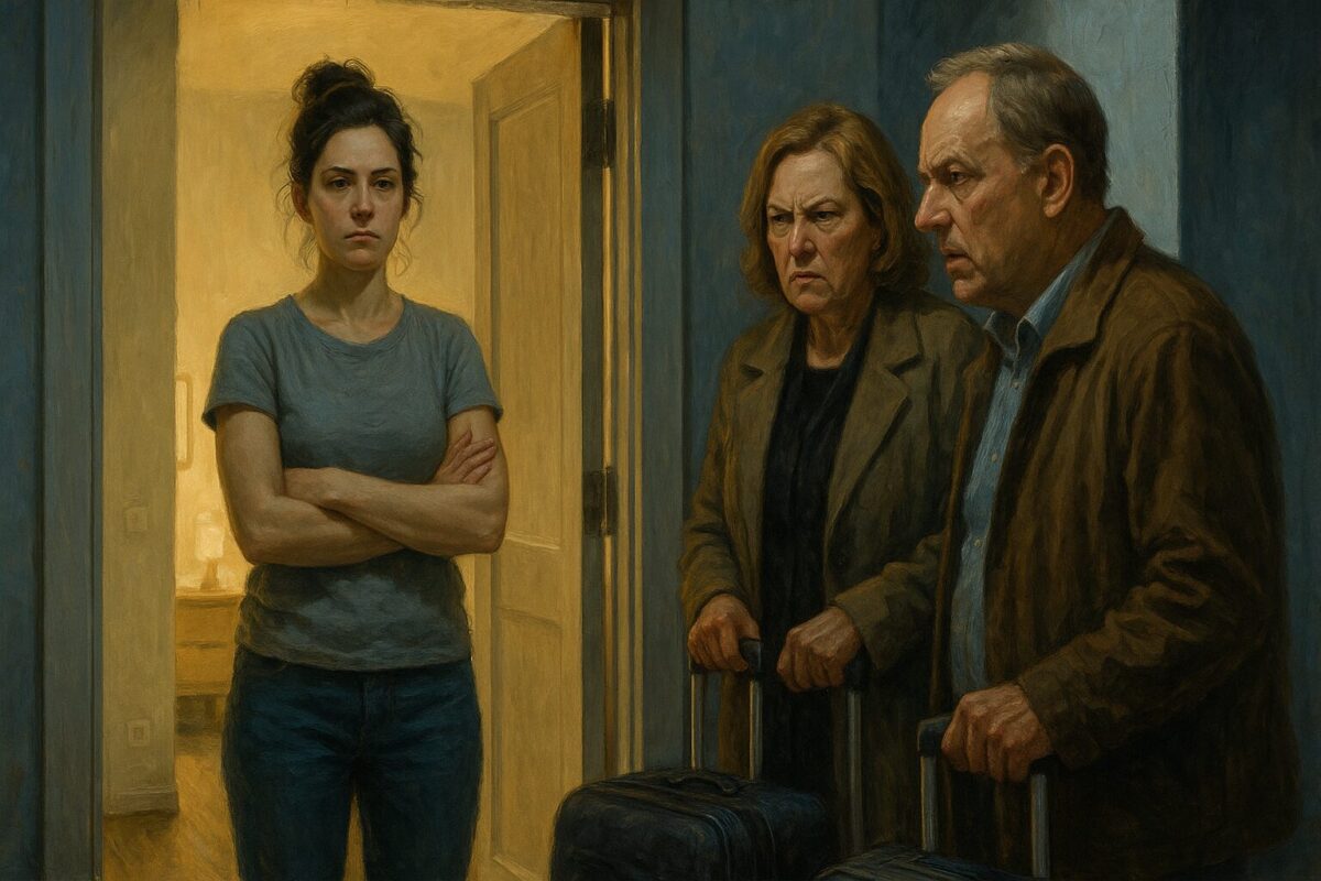 Женщина выгоняет родственников из квартиры, незваные гости с чемоданами у двери, конфликт из-за жилья