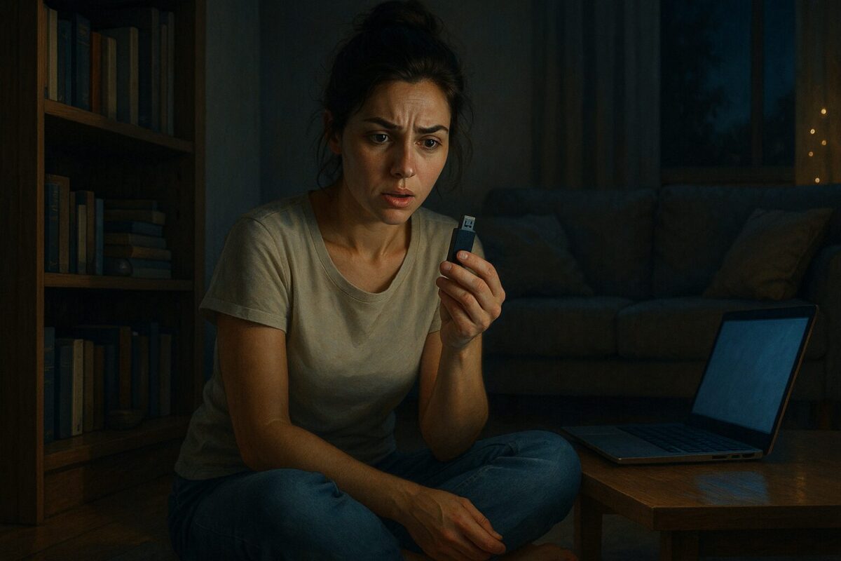 Женщина находит USB-накопитель во время уборки квартиры, сидит на полу с флешкой в руках, растерянное выражение лица