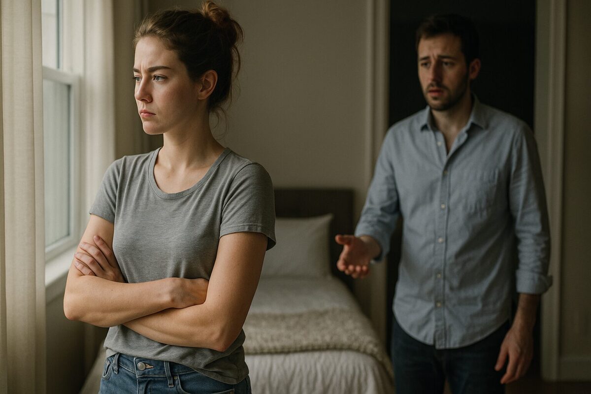 Молодая пара после ссоры в квартире, женщина у окна, мужчина в дверях — иллюстрация к рассказу о долгах