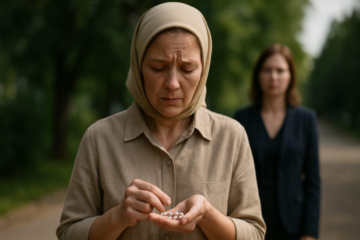 Женщина средних лет в бежевом платке и светлой одежде стоит на улице в окружении зелёных деревьев.