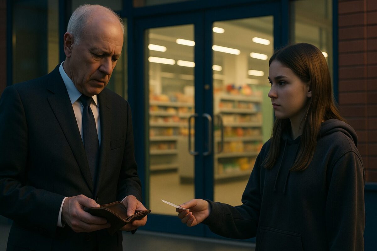 Вечер у входа в российский супермаркет с характерными стеклянными дверями и ярко освещённым залом внутри. Пожилой мужчина в строгом костюме держит в руках старый кожаный бумажник и задумчиво смотрит вниз.