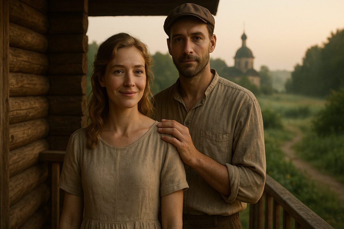 Женщина и мужчина на крыльце деревенского дома, история исцеления любовью, деревенский пейзаж с церковью