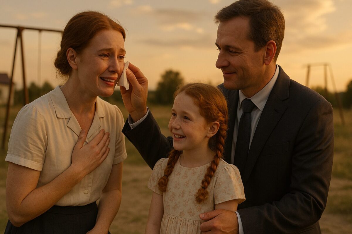 Мужчина и женщина с рыжеволосой дочерью на месте старой школы, романтическая встреча после лет разлуки