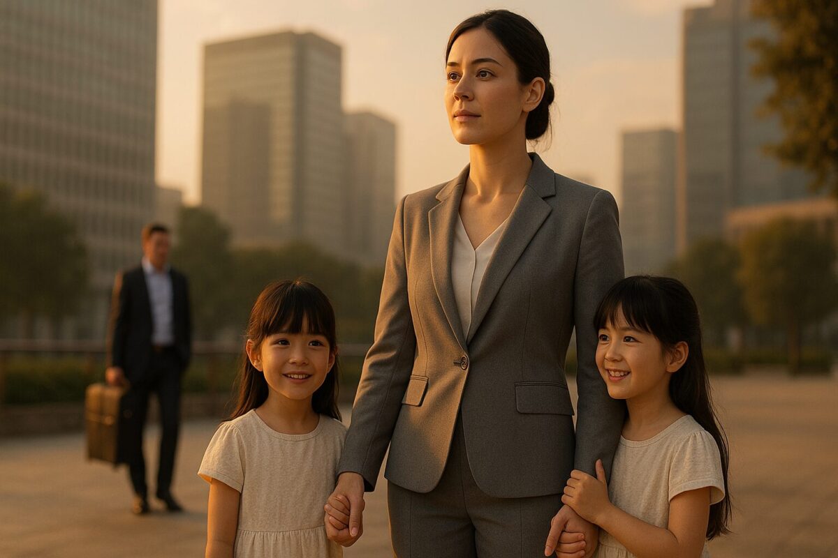 Молодая мать с дочерью стоят вместе на фоне города, символизируя второй шанс на счастье и новое начало