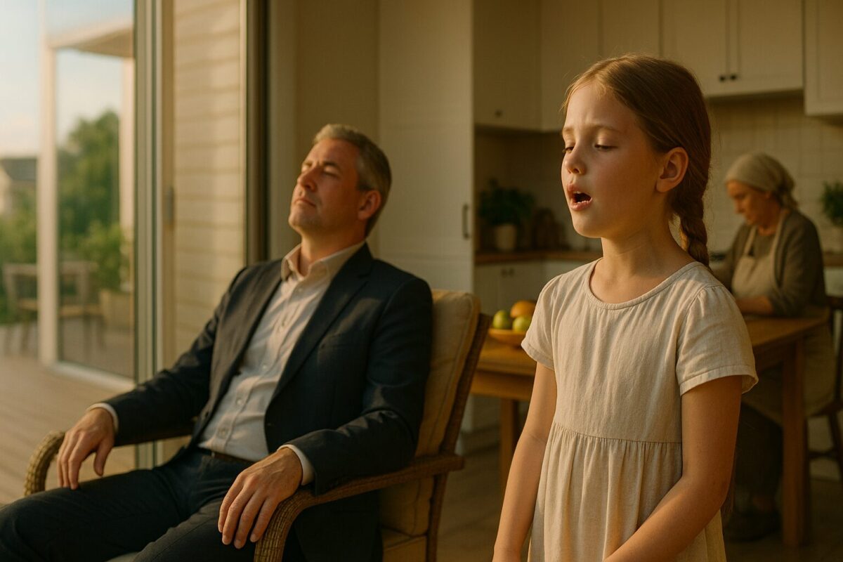 Мужчина средних лет и девочка в светлом доме, семейная сцена, иллюстрация к рассказу о семье