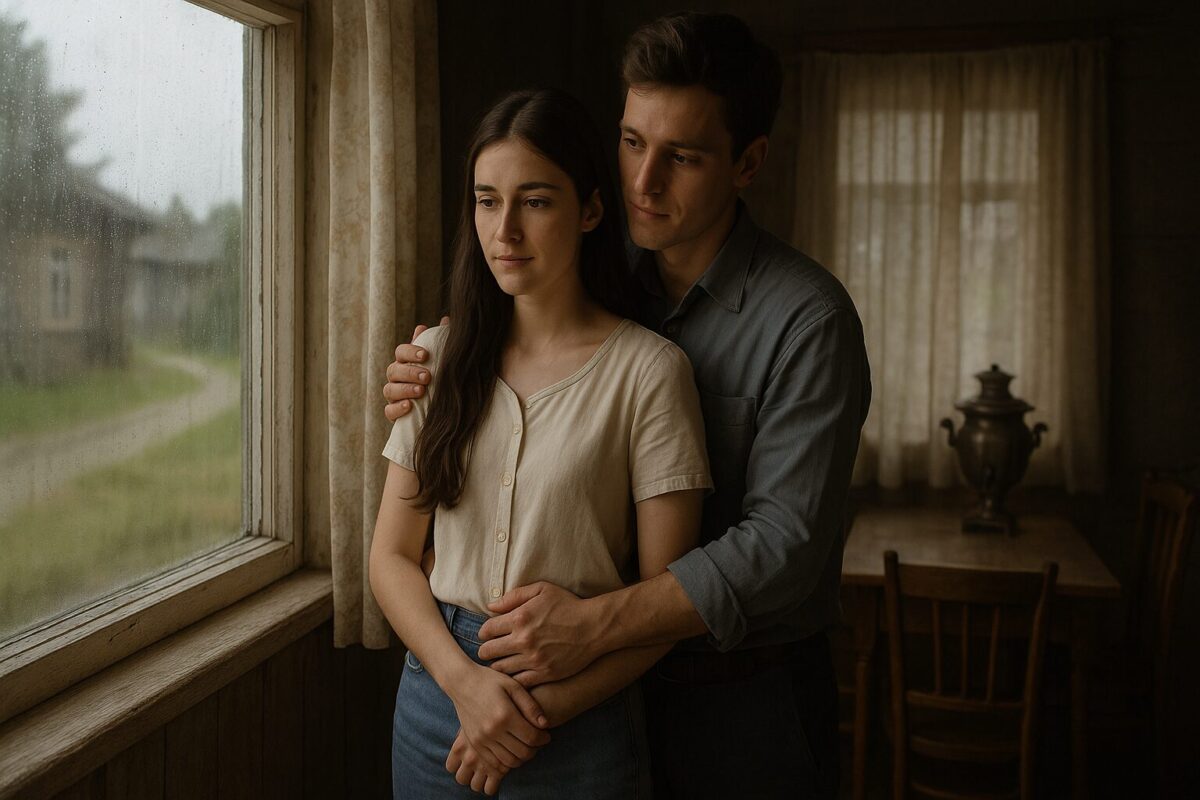 Молодая пара у окна деревенского дома в дождливый день, история о любви и преодолении социальных барьеров