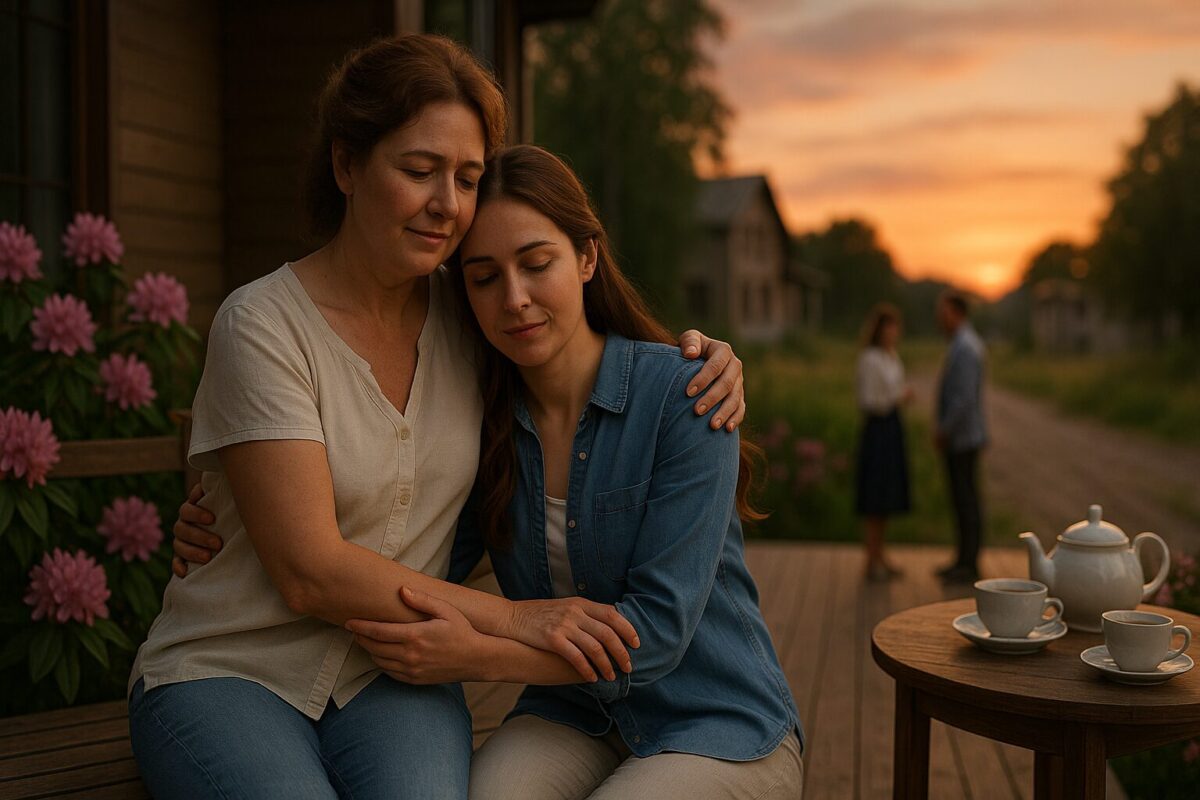 Мать и дочь обнимаются на террасе загородного дома на закате, семейная близость и прощение