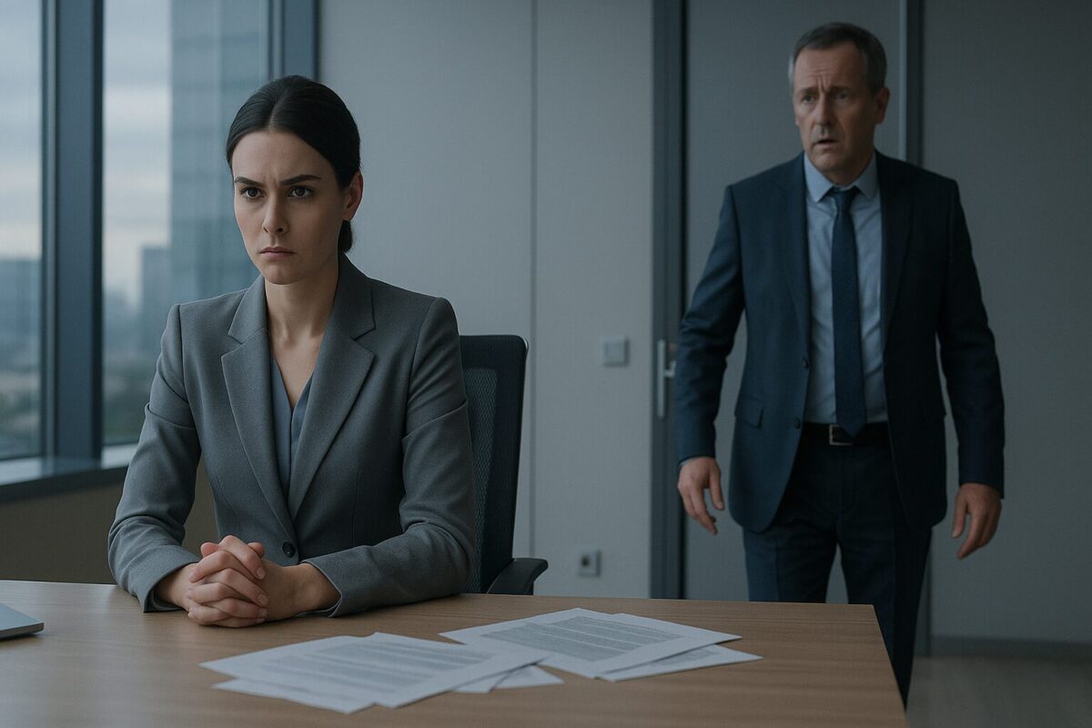 Женщина в офисе смотрит вслед уходящему мужчине. История о женской хитрости и предательстве
