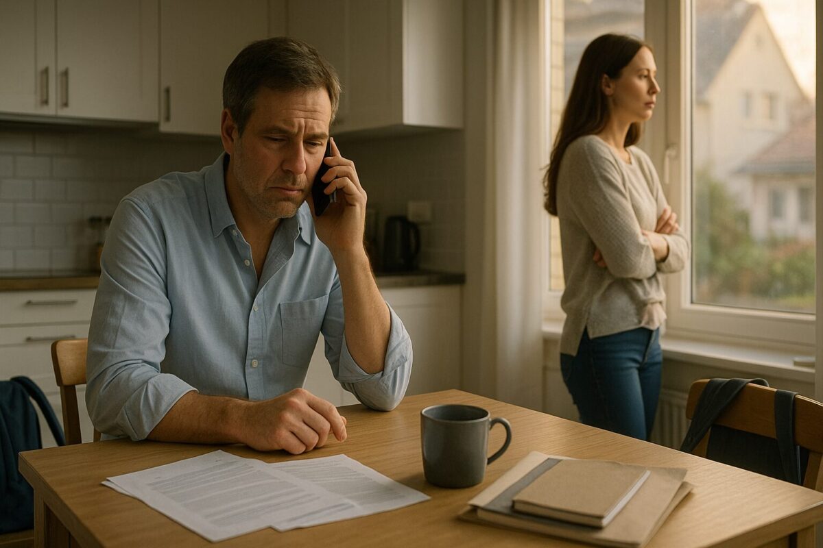 мужчина разговаривает по телефону на кухне, женщина стоит у окна — сцена из рассказа о токсичных отношениях