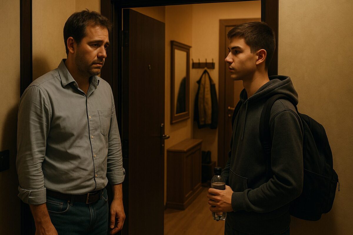 Отец провожает сына-подростка у дверей квартиры после месяца совместной жизни, усталый мужчина и спокойный мальчик