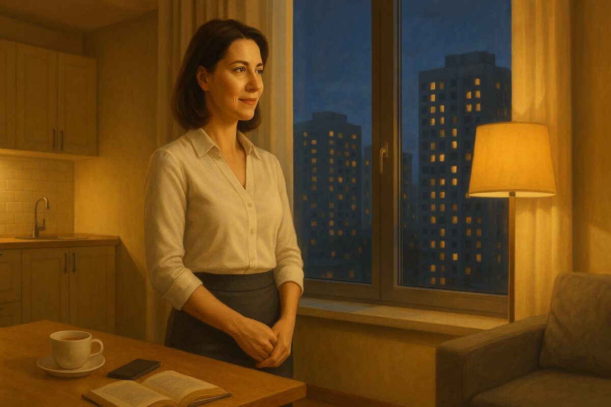 Женщина средних лет у окна в современной квартире, задумчивая и уверенная, вечерний город, атмосфера спокойствия