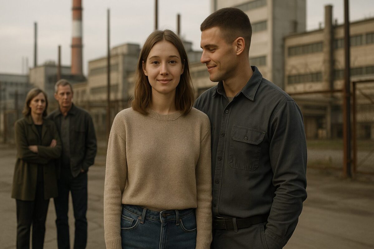 Молодая женщина и мужчина на заводе, рядом стоят с улыбками, на заднем плане силуэты пожилых людей — иллюстрация к рассказу