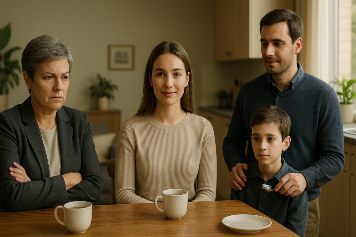 Три поколения за столом: мать, дочь и зять обсуждают семейные ценности. Мужчина готовит, женщины разговаривают.